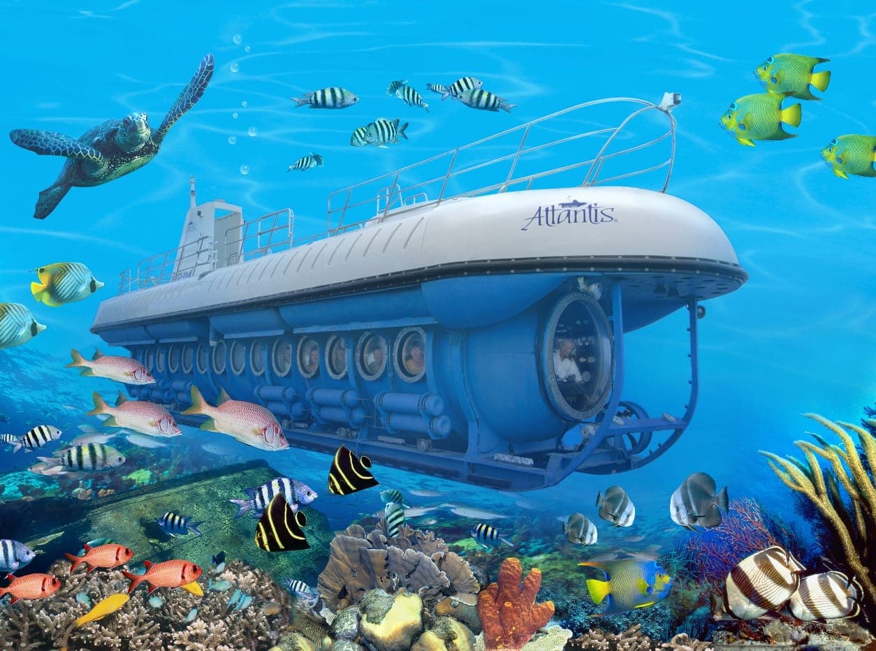 Подводная лодка Atlantis среди коралловых рифов, тропических рыб и морских черепах у берегов Барбадоса
